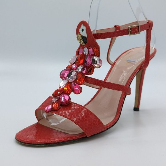 Kate Spade Idalou Stiletto Heels 10 B Red Pink Bejeweled Glitter Parrot Strappy - Picture 1 of 13
